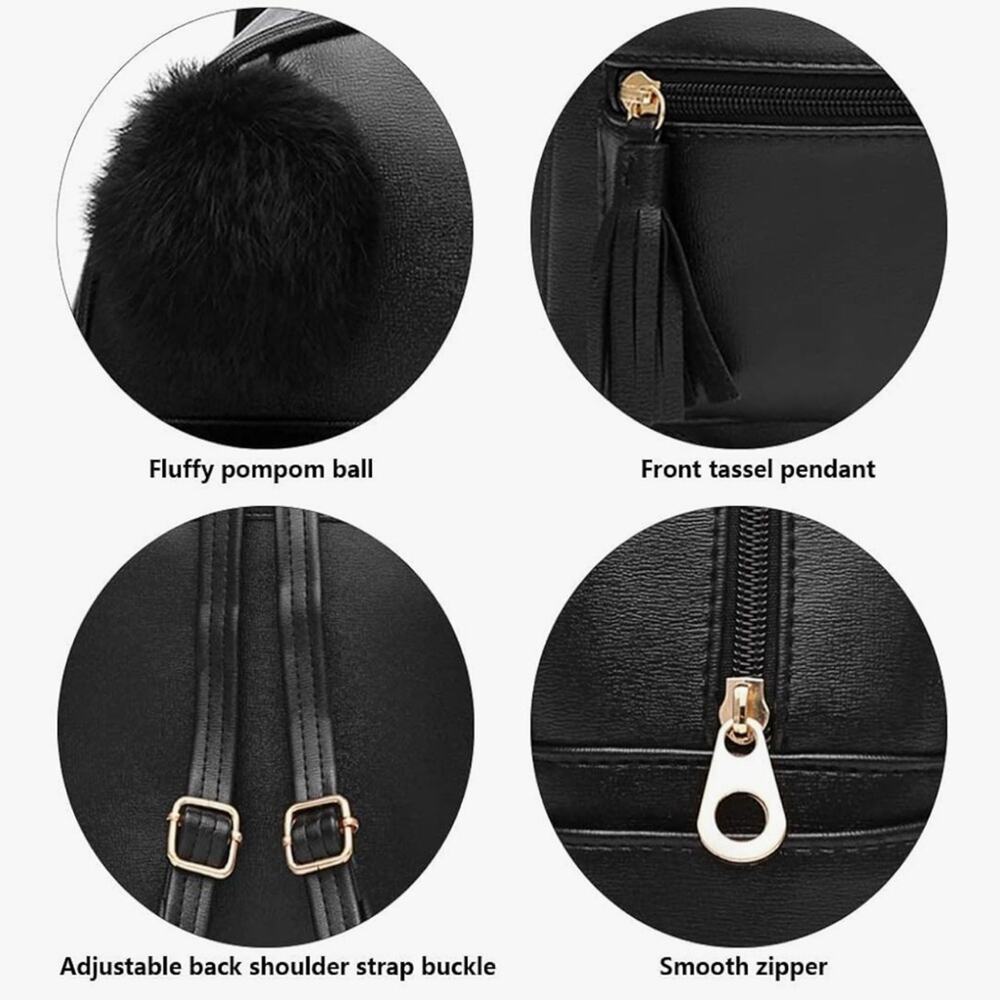 NWT Beige Mini Backpack Purse for Girls Teens Women Purses PU Leather Pom Charm - Picture 4 of 12